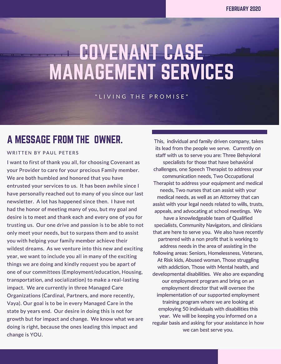 February Newsletter from Covenant Case Management Services