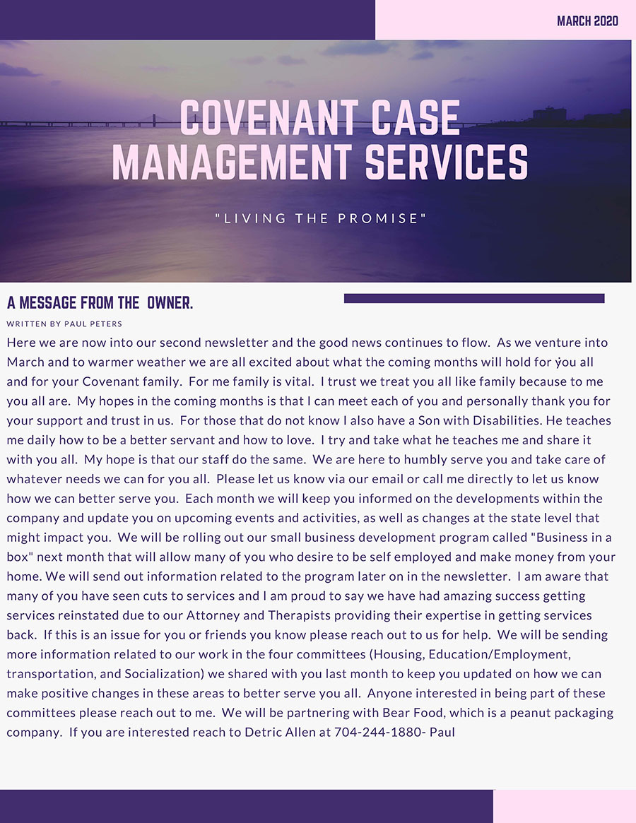 March Newsletter from Covenant Case Management Services