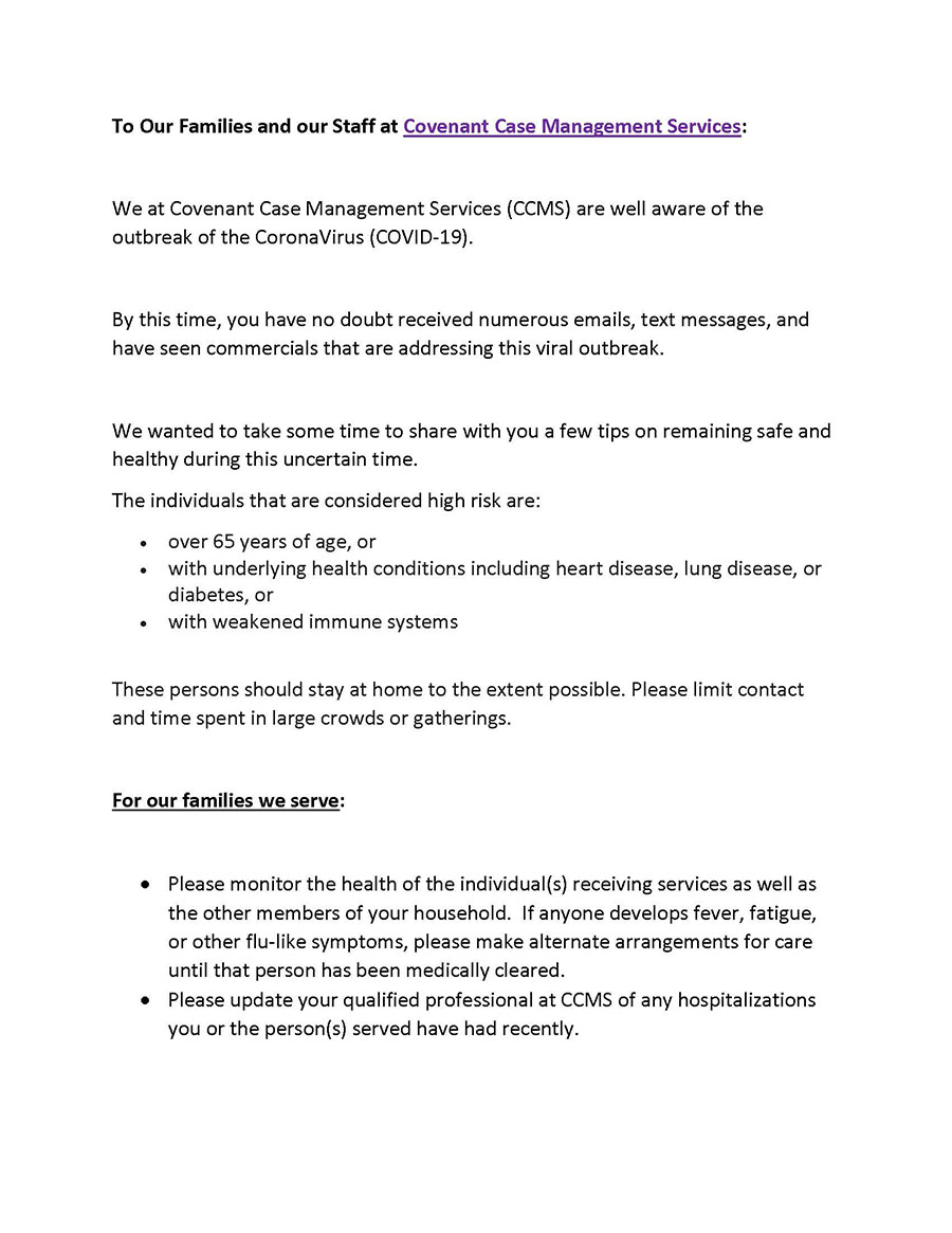 Covid-19 Response from Covenant Case Management Services