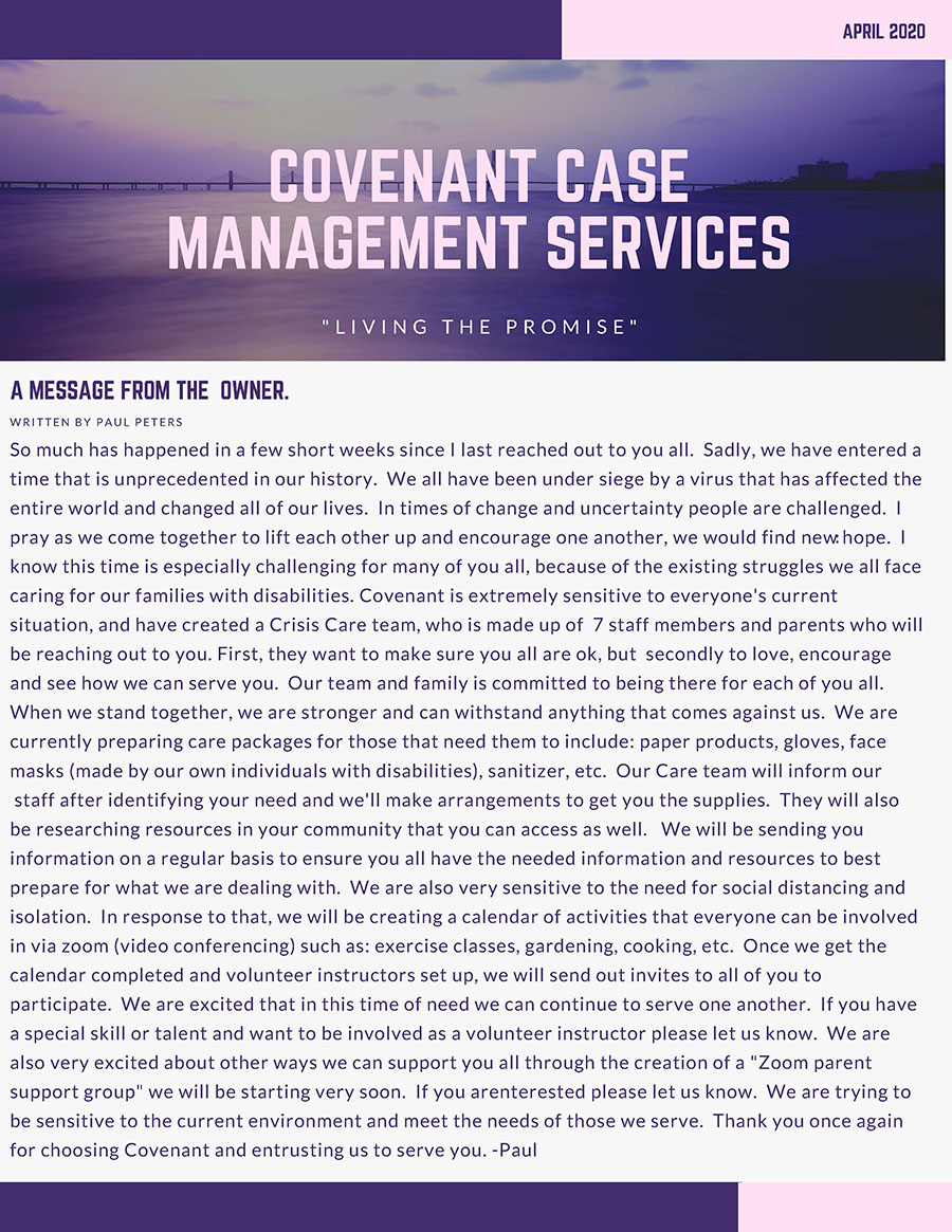 April Newsletter from Covenant Case Management Services