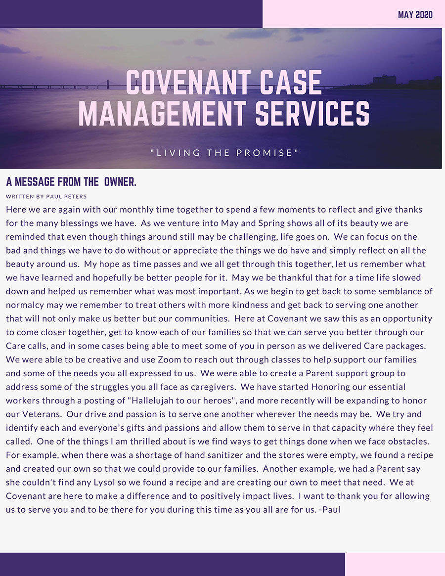 May Newsletter from Covenant Case Management Services